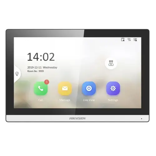Monitor videointerfon modular 7inch color Hikvision DS-KH6350-WTE1; ecran LCD 7inch color cu touch screeen, rezolutie ecran 1024 × 600; design modern; Conectivitate: 10/100 Mbps self adaptive network ; TCP/IP, SIP, RTSP; Comunicare audio video bidirectio