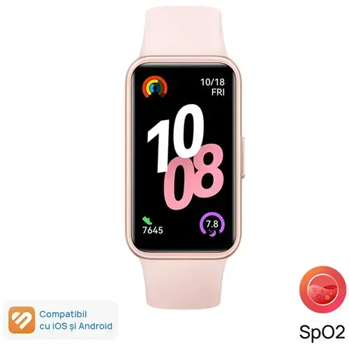 Bratara fitness HUAWEI Band 10, Android /iOS, carcasa polymer, bratara Fluoroelastomer, ecran AMOLED 1.47inch,  Rezistenta la apa 5 ATM (Roz)