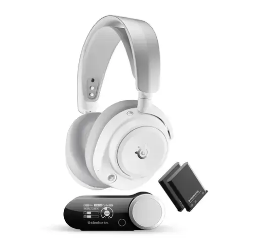 Casti Gaming SteelSeries Arctis Nova Pro OMNI, Multiplatforma, USB/Wireless/Bluetooth, Infinite Power System, Microfon retractabil ClearCast Pro, AI Noise Rejection (Alb)