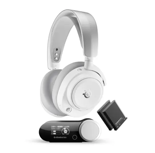 Casti Gaming SteelSeries Arctis Nova Pro OMNI, Multiplatforma, USB/Wireless/Bluetooth, Infinite Power System, Microfon retractabil ClearCast Pro, AI Noise Rejection (Alb)