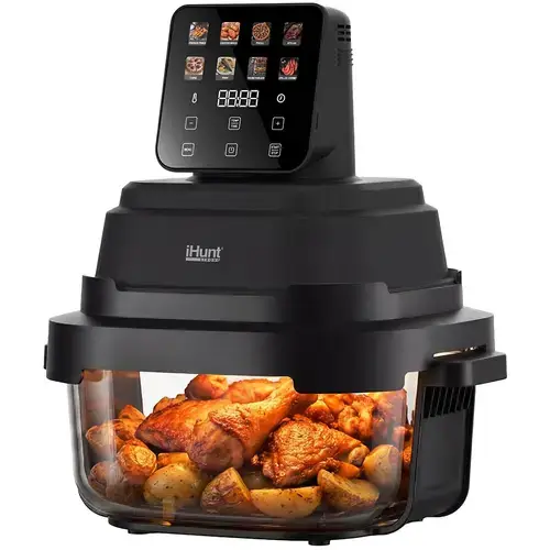 Friteuza cu aer cald fara ulei iHunt PureGlass Crisp 8 in 1, Sistem din Sticla Borosilicata, 1500W, 2 Vase Modulare 4L + 1.5L cu capace de sigilare, circulatie 360 a aerului cald, Negru