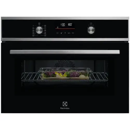 Cuptor incorporabil Electrolux EVL6E49X, Electric, 44 l, Functie microunde, Putere microunde 1000 W, Butoane retractabile, Panel frontal cu insertie de sticla, Afisaj digital, Usa cu 3 straturi de geam, Grill, 1 tava emailata + 1 gratar (Negru/Inox)