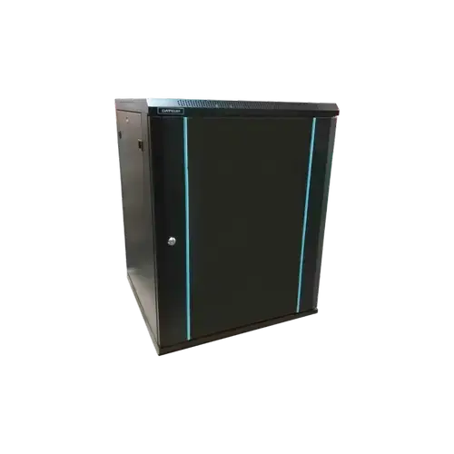 Rack 12U 600x450 DATEUP RAL 9004, dezasamblat, montare pe perete, usa din sticla, panouri laterale detasabile si securizate