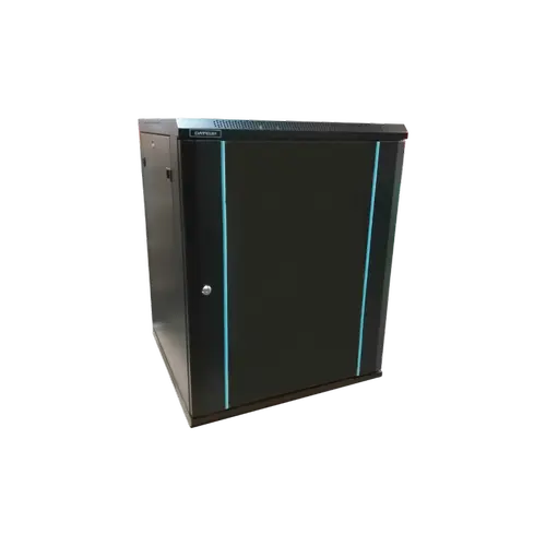 Rack 12U 600x450 DATEUP RAL 9004, dezasamblat, montare pe perete, usa din sticla, panouri laterale detasabile si securizate