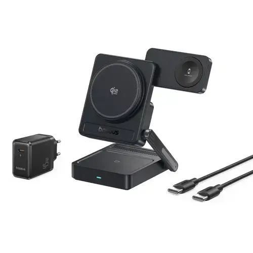Incarcator wireless Baseus PicoGo AF21 3-in-1, Qi2.2, 35W, cu incarcator retea 45W, Negru