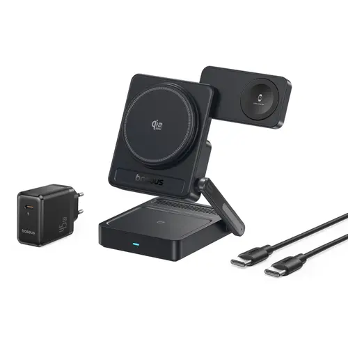 Incarcator wireless Baseus PicoGo AF21 3-in-1, Qi2.2, 35W, cu incarcator retea 45W, Negru