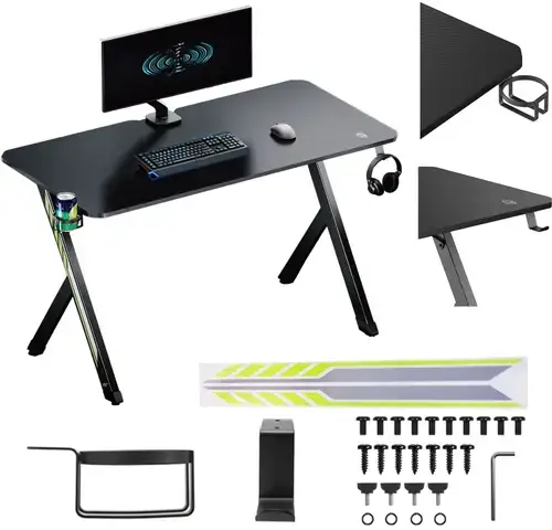 Birou Gaming NanoRS RS101, 120 x 60 x 75 cm, max 75 kg, Suport casti, Suport pahar (Negru)