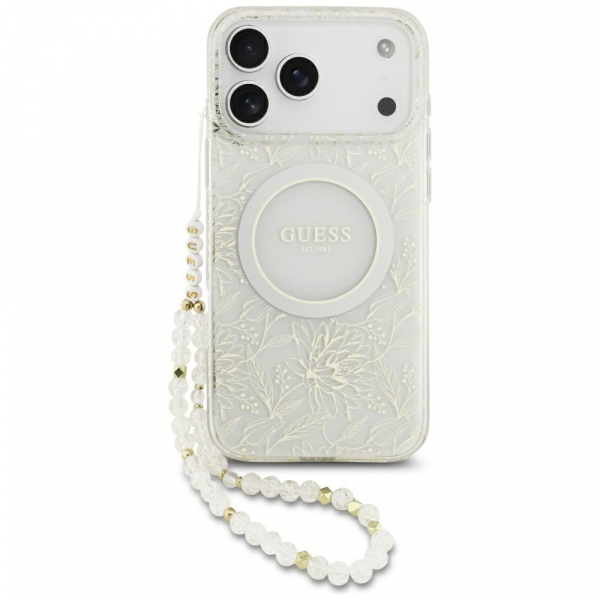 Husa MagSafe pentru Apple iPhone 17 Pro Max, Guess, IML Flowers Allover Electroplated with Pearl Strap, Alba