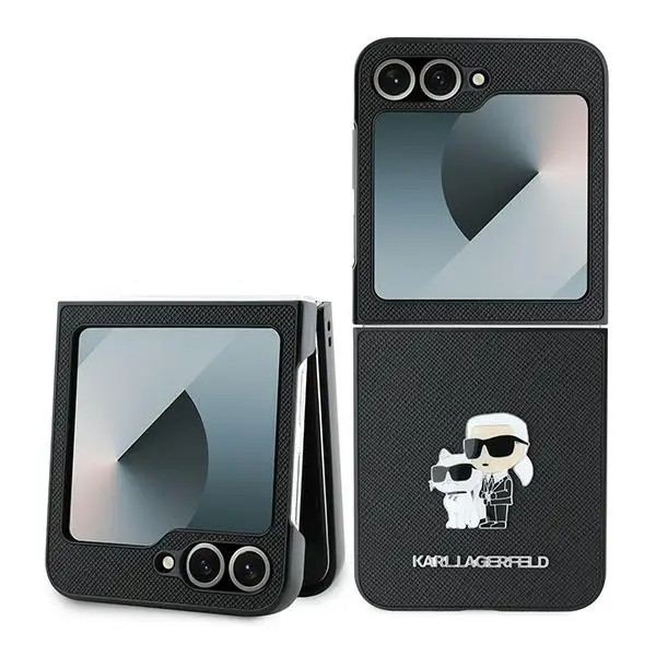 Husa pentru Samsung Galaxy Z Flip7 FE F761 / Z Flip6 F741, Karl Lagerfeld, Saffiano Karl & Choupette Metal, Neagra