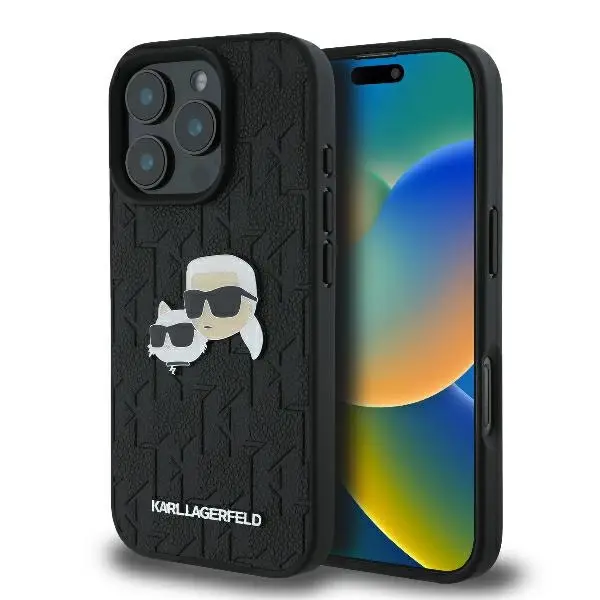 Husa pentru Apple iPhone 16 Pro, Karl Lagerfeld, Monogram Karl & Choupette's Heads, Neagra