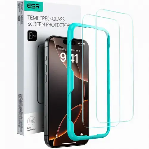 Folie de protectie Ecran ESR pentru Apple iPhone 16, Sticla Securizata, Full Glue, Set 2 bucati, Transparenta