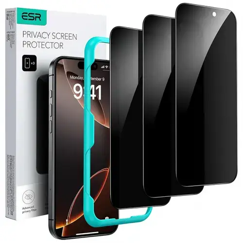 Folie de protectie Ecran Privacy ESR pentru Apple iPhone 17 / 16 Pro, Sticla Securizata, Full Glue, Set 3 bucati