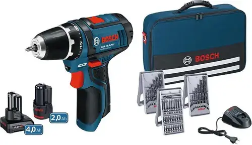 Masina de gaurit si insurubat cu acumulator Bosch GSR 12V-15, cu 2 acumulatori Li-Ion, 12 V, 2.0 Ah/4.0 Ah, 30 Nm, Geanta inclusa + Accesorii