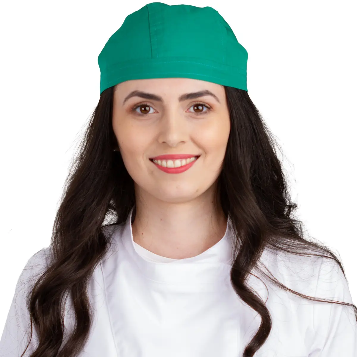 Boneta medicala moderna, cu legaturi, tercot 140g/m2, verde inchis