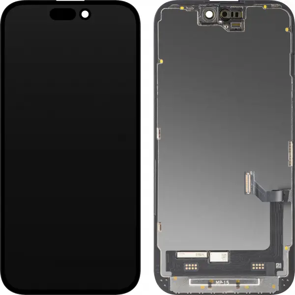 Display cu Touchscreen MP compatibil cu Apple iPhone 15, cu Rama, Versiune Premium Soft OLED FHD 120Hz Diagnostic, Negru, Swap