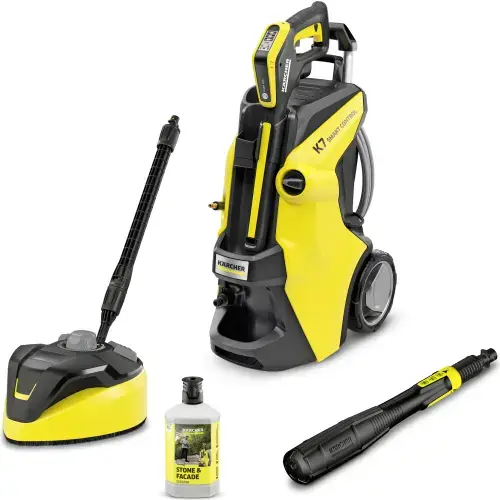 Aparat de spalat cu presiune Karcher K7 Smart Control Home Flex, putere 3000 W, motor racit cu apa, 180 bar presiune maxima, 600 l/h debit maxim, furtun de presiune Premium Flex 10 m, perie exterior T7, Bluetooth, pistol G180Q Smart Control (Galben)