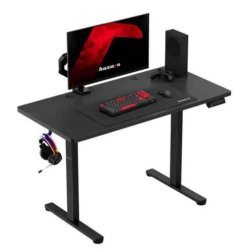 Birou Gaming Electric Huzaro Hero 8.1, Inatlime reglabila 72-118 cm, Panou LED cu memorie, Max 50 kg, 120x60 cm, Suporturi casti/rucsac, Porturi organizare cabluri (Negru)