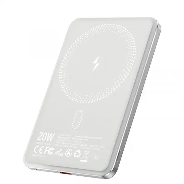 Baterie Externa Wireless BWOO P79, 5000mAh, 20W, PD + FQI, 1 x QI - 1 x USB-C, Gri