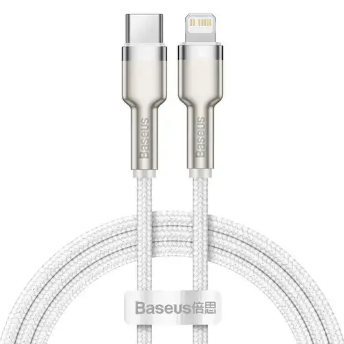 Cablu pentru incarcare si transfer de date Baseus Cafule Metal, USB Type-C/Lightning, Power Delivery 20W, 2m, Alb