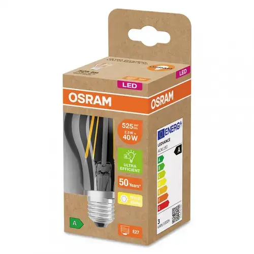Bec LED Osram Classic A60, Ultra Efficient Light, E27, 2.5W (40W), 525 lm, lumina calda (3000K), cu filament