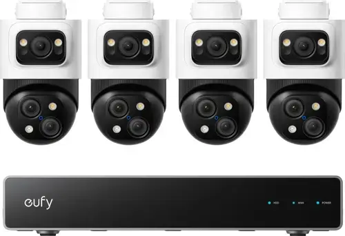 Kit supraveghere video eufy PoE NVR S4 Max, Rezolutie 4K, AI, IP65, cu 4 camere PTZ Bullet cu 3 lentile