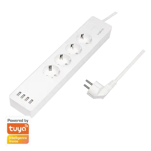 Prelungitor inteligent LogiLink SH0104, Wi-Fi, 4 prize, 4xUSB 5 V/4 A max. 20 W, protectie supracurent/supratensiune/scurtcircuit/supraincalzire, IP20, compatibil Tuya, H05VV-F 3G 1.5 mm², cordon 1.8m, Alb