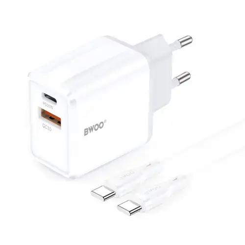 Incarcator Retea Cu Cablu USB-C BWOO CDA182, 38W, 3A, 1 x USB-A - 1 x USB-C (Alb)