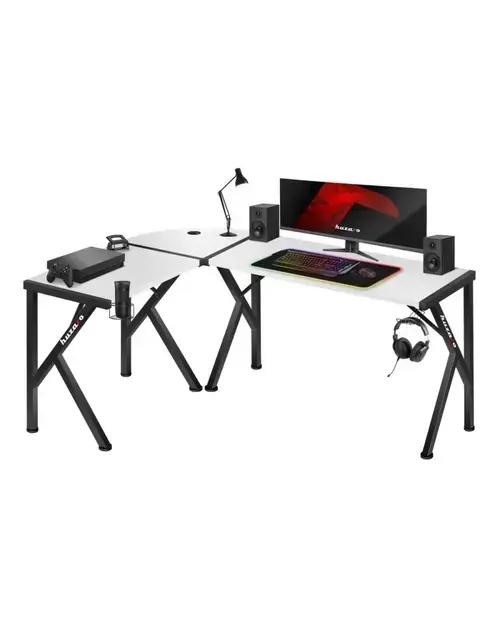 Birou gaming Huzaro Hero 6.3, Otel, Suport casti si pahar, Picioare ajustabile (Alb)