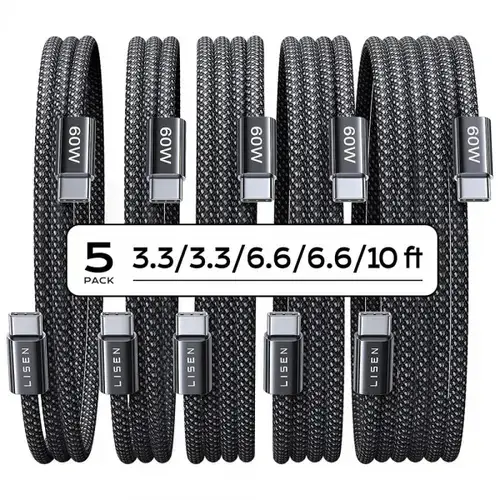 Cablu Date si Incarcare USB-C - USB-C Lisen YL0123070010, 60W,  2 x 1m, 2 x 2m, 1 x 3m, Set 5 bucati, Negru