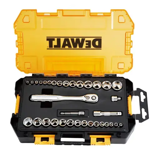 Set tubulare 1/4 si 3/8 inch cu 34 piese DeWALT DWMT45034-0, tava detasabila compatibila cu dulapuri standard, balamale pentru interconectare cu seturi DeWALT, clichet 72 dinti pentru spatii inguste, marcaje gravate pentru identificare rapida