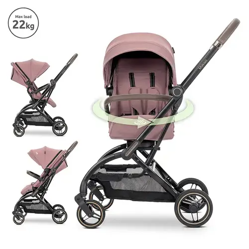 Carucior pentru nou-nascut Lorelli Makaya, cu scaun rotativ 360 grade, cadru din aluminiu, pana la 22 kg, Roz