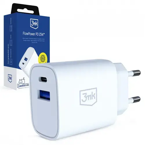 Incarcator Retea 3MK FlowPower, 25W, 1 x USB-A - 1 x USB-C (Alb)
