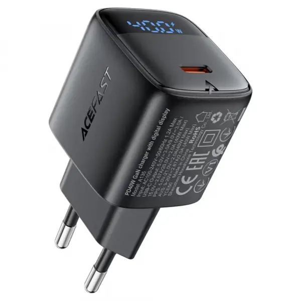 Incarcator Retea Acefast A135 Display, 40W, 3A, 1 x USB-C, Negru