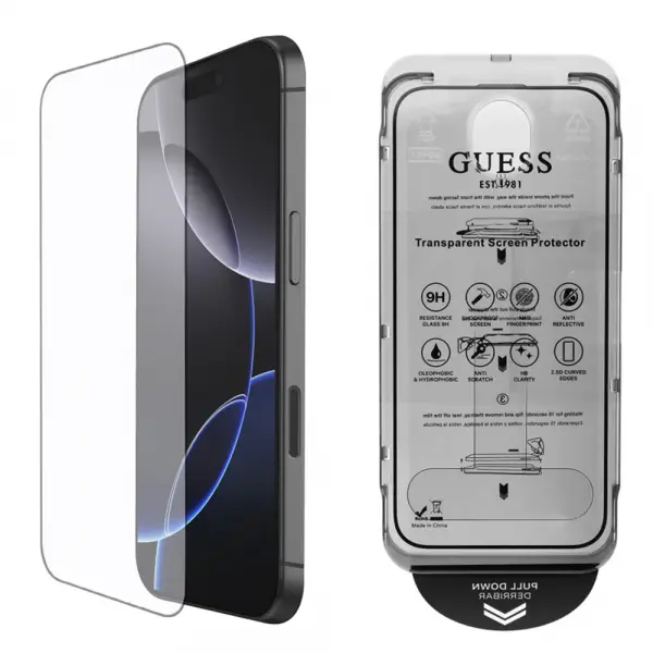 Folie de protectie Ecran Guess Classic Outline pentru Apple iPhone 16, Sticla Securizata, Full Glue, 2.5D, Neagra