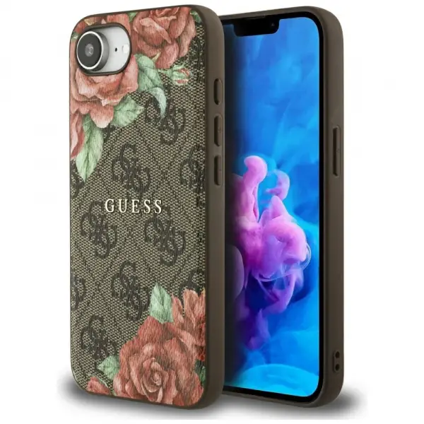 Husa MagSafe pentru Apple iPhone 17e / 16e, Guess, 4G Flowers Print, Maro