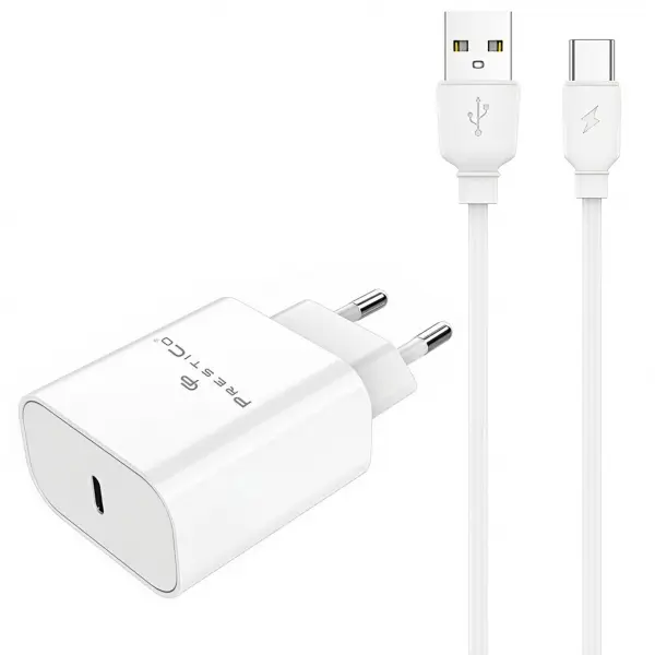 Incarcator Retea Cu Cablu USB-C Prestico F15S-C, 30W, 3A, 1 x USB-C, Alb