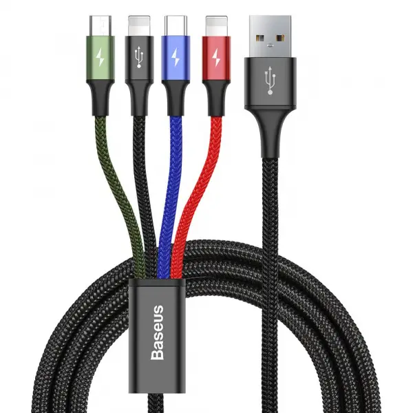 Cablu Incarcare USB-A - 2 x Lightning / microUSB / USB-C Baseus Rapid 4in1, 20W, 1.2m, Negru CA1T4-A01