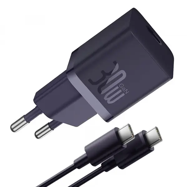 Incarcator Retea Cu Cablu USB-C Baseus GaN Mini 1C, 30W, 3A, 1 x USB-C, Mov P10110902523-00