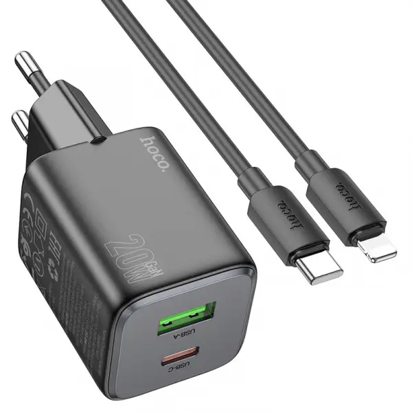 Incarcator Retea Cu Cablu Lightning HOCO N41, 20W, 3A, 1 x USB-A - 1 x USB-C, Negru