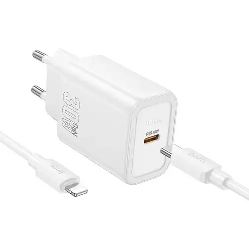 Incarcator Retea Cu Cablu Lightning 1m HOCO N62, 30W, 3A, 1 x USB-C (Alb)