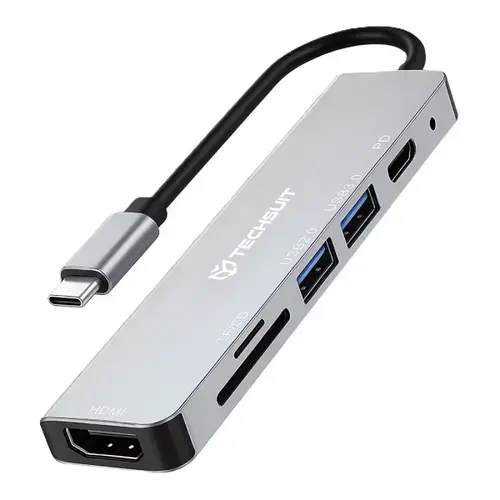 Hub USB-C Techsuit H5 TurboChargeX, 6in1, 2x USB, 1x Type-C, 1x HDMI, TF/SD Card (Gri)