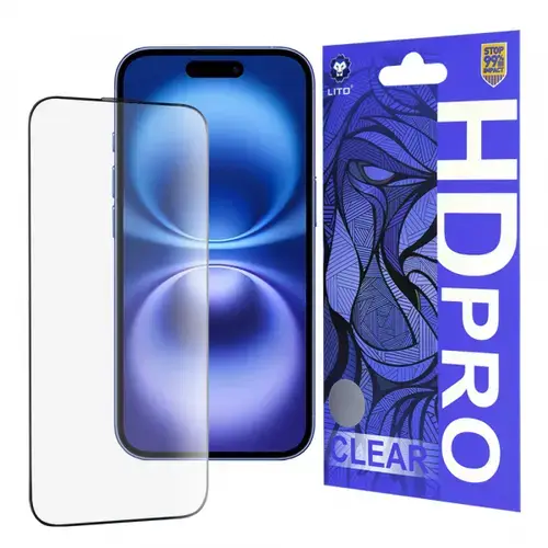 Folie de protectie Ecran Lito HD Pro Clear pentru Apple iPhone 16, Sticla Securizata, Full Glue (Transparent/Negru)