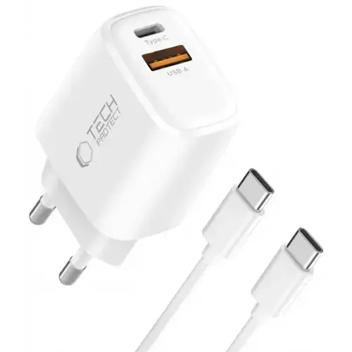 Incarcator Retea Cu Cablu USB-C Tech-Protect NCA20, 20W, 3A, 1 x USB-A - 1 x USB-C (Alb)