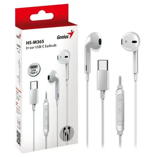 Casti Stereo In-Ear Genius, „HS-M365”, cu fir, intraauriculare, pentru smartphone, microfon pe fir, conectare prin USB-C (Alb)