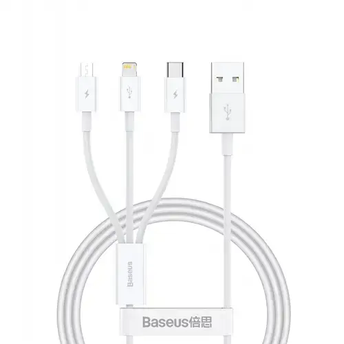 Cablu de date si incarcare Baseus Superior Series, USB-A - Lightning / microUSB / USB-C, 20W, 0.5m (Alb)