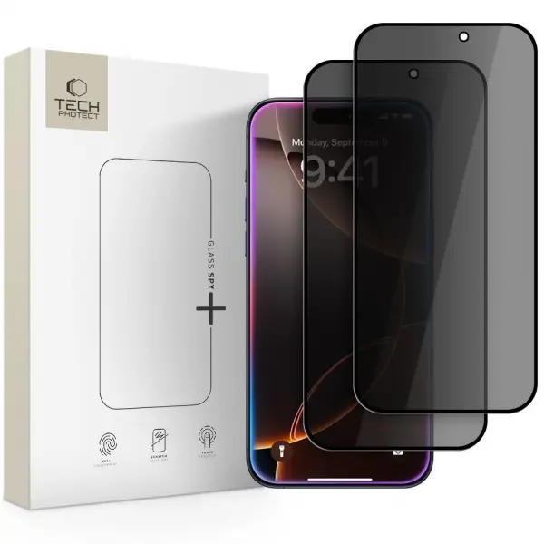 Folie de protectie Ecran Privacy Tech-Protect Spy+ pentru Apple iPhone 17 Pro Max / 16 Pro Max, Sticla Securizata, Full Glue, Set 2 bucati