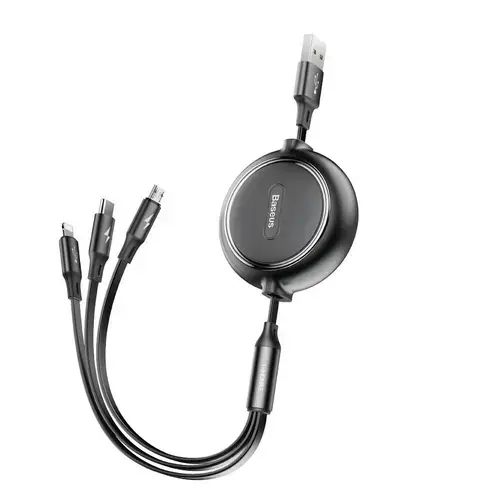 Cablu retractabil Baseus Golden Loop 3in1 USB - micro USB / tip lightning / USB-C 3.5A 35cm - 120cm negru (CAMLT-JH01)