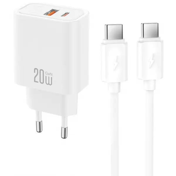 Incarcator Retea Cu Cablu USB-C XO Design CE40, 20W, 3A, 1 x USB-A - 1 x USB-C, Alb